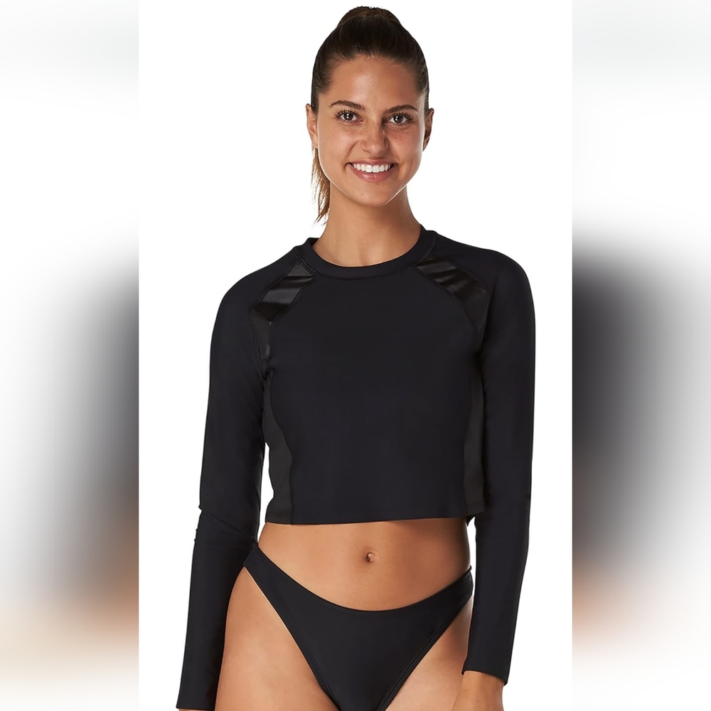 Speedo Black Long Sleeve Fitted Crop Bodysuit with Crew Neck